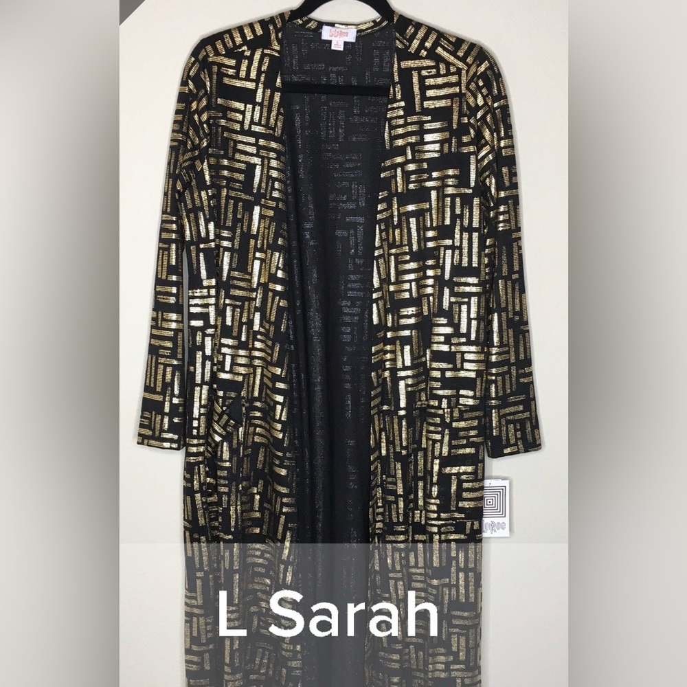LuLaRoe Sarah L Black & Gold Metallic Geometric Long Cardigan NWT